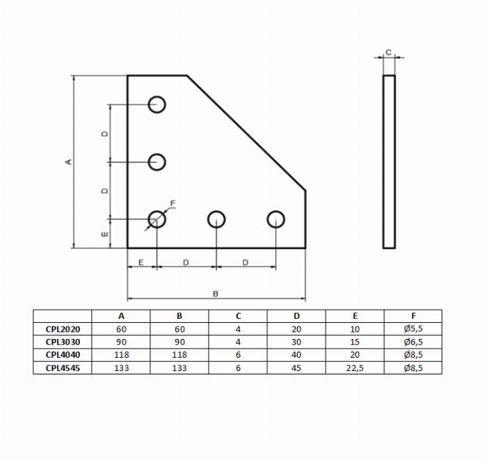 4040L-shaped connection plate in anodized aluminum with 5 holes