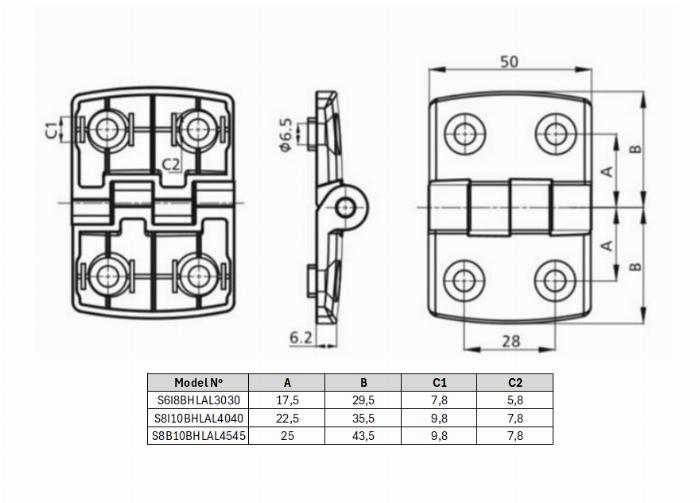 Lightweight aluminium hinge for 30x30 profile
