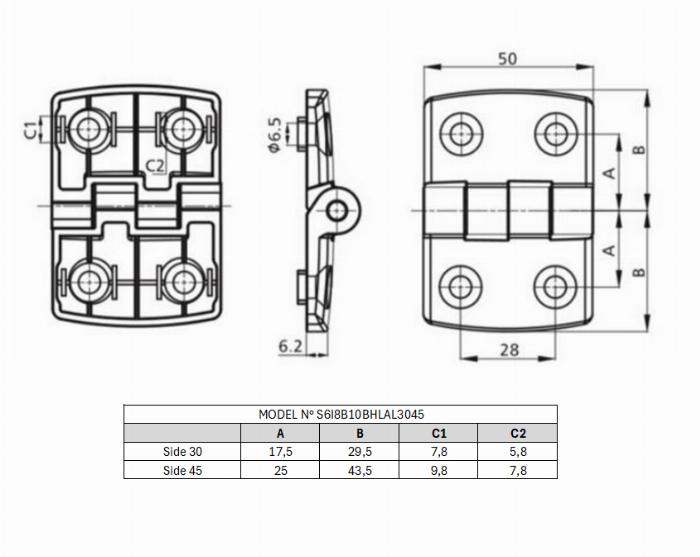 Lightweight aluminium hinge for 30x45 profile