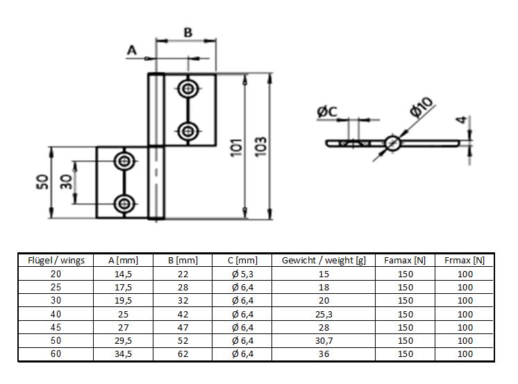 Internal Hinge 20, Set with 2 hinge leaf and 1 axis