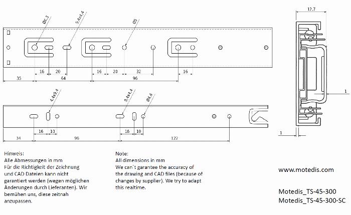 Telescopic slider 45 (full extension), soft-close, L=300mm