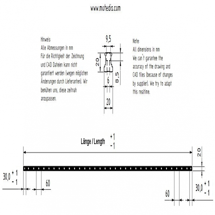 Linear guide rail AR/HR20-N, L = 960mm