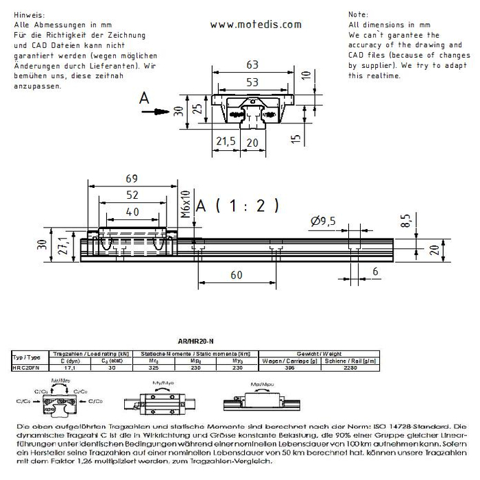 Linear guide rail AR/HR20-N, L = 960mm