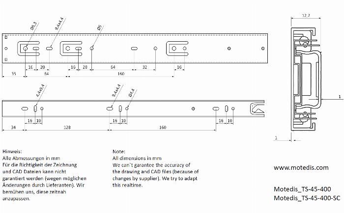 Telescopic slider H=45 (full extension) L=400 made of zinc coated steel