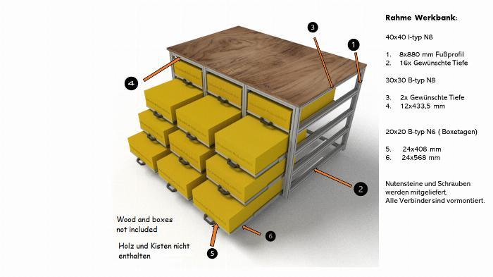 Preconfigured workbench with telescopic slide with aluminum profiles